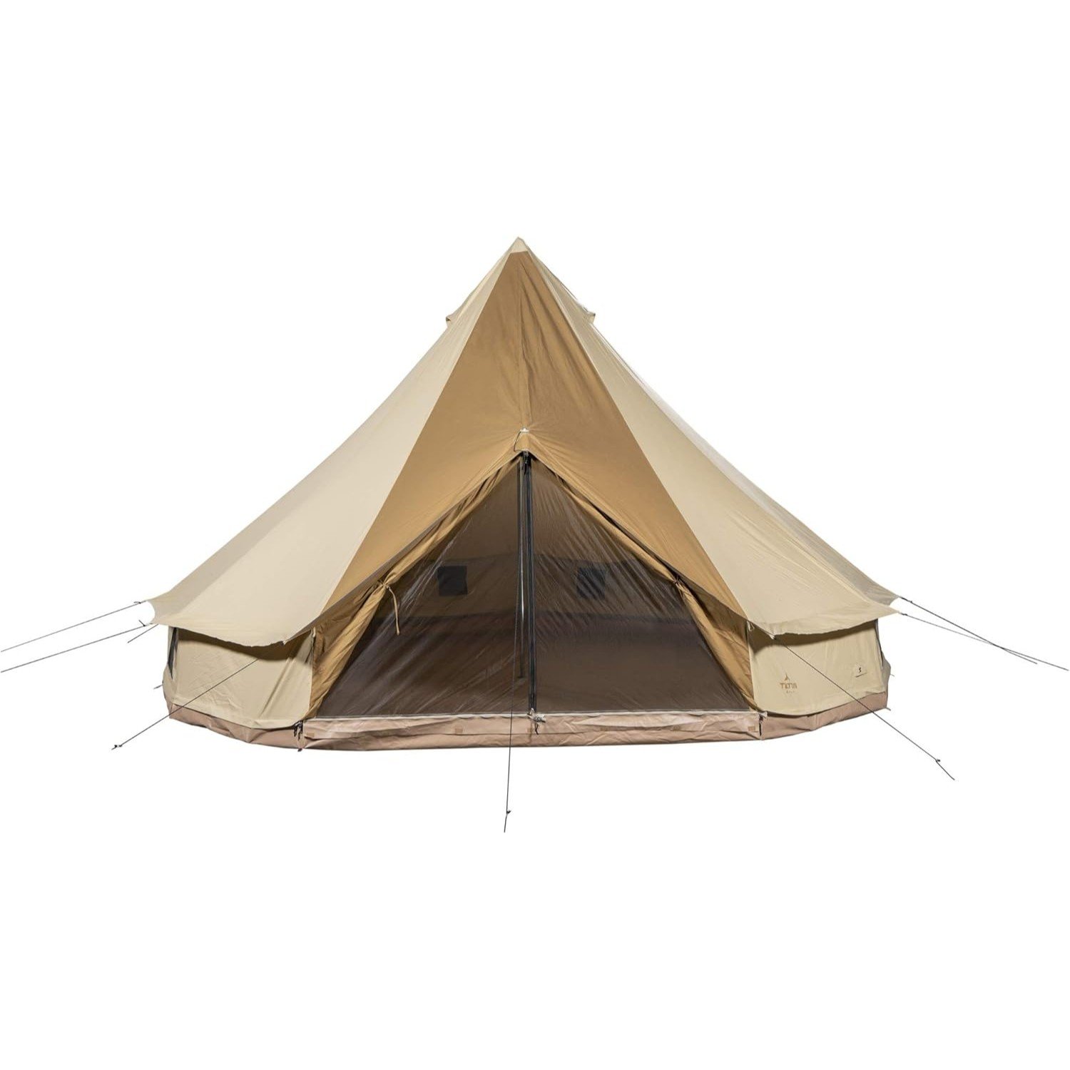 Spacious beige bell-shaped tent pitched on a grassy surface, featuring a wide entrance with mesh panels