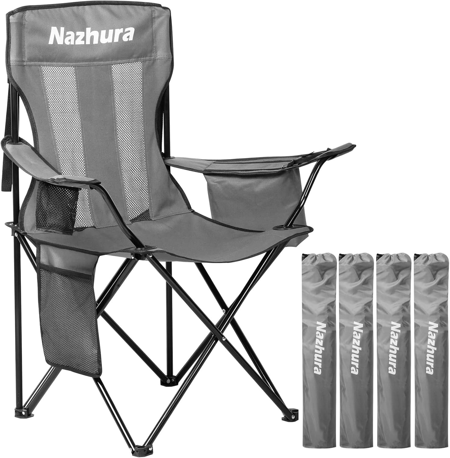 Gray Nazhura foldable camping chair with mesh back support and cupholders, displayed alongside its carrying bags