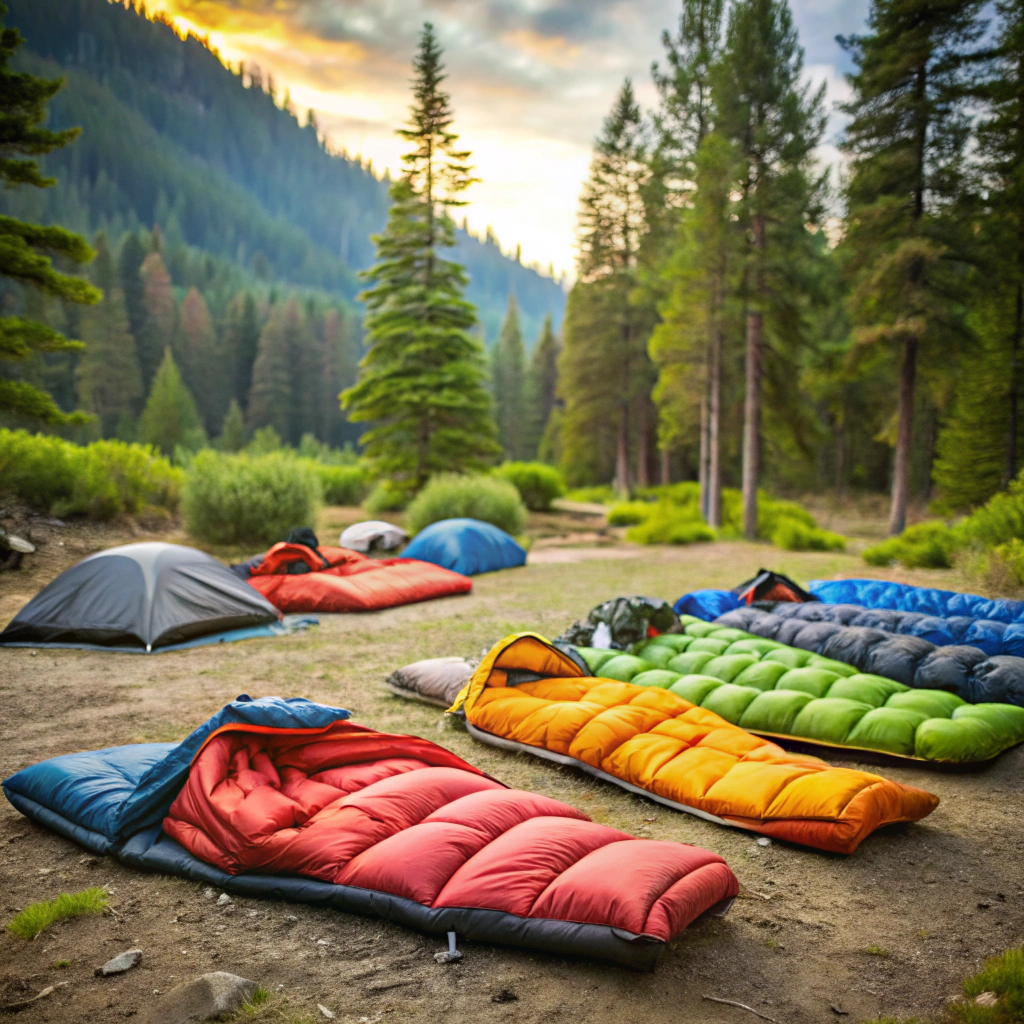 An image showing a row of colorful sleeping bags laid out on the ground. Each bag is unzipped, displaying the soft interior lining, and they are arranged neatly side by side. The setting appears to be outdoors, suggesting a camping environment.