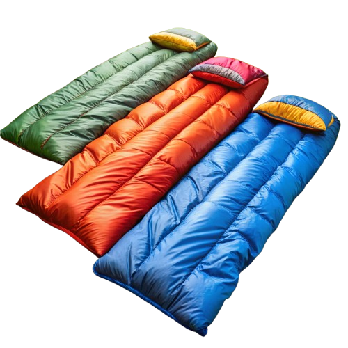 An image of several sleeping bags laid out on a flat surface, each featuring different colors and designs. The sleeping bags are compact yet roomy, with zippered openings and soft, insulated material designed for warmth and comfort during outdoor use.